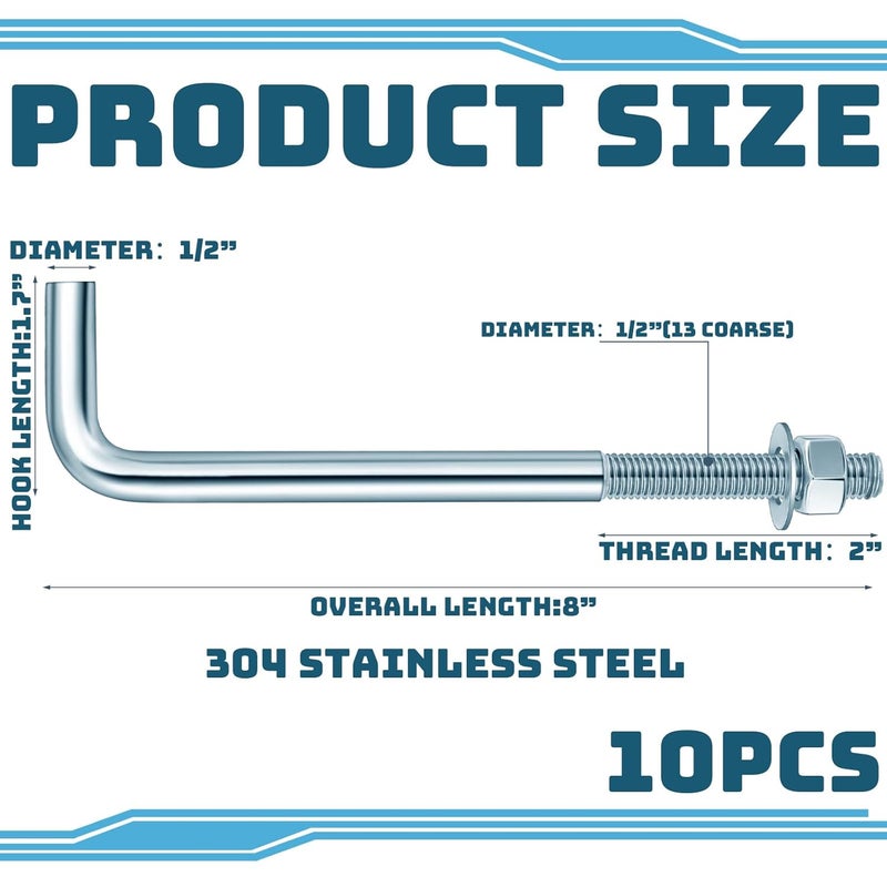 Yaocom 10 Pcs J Bolt Galvanized Anchor Bolts Galvanized Concrete Fastener Concrete Cement Post Anchor with Nuts and Washers for Foundation Wall Hardware Brick Projects, Gray(1/2-13 x 8) - Image 2